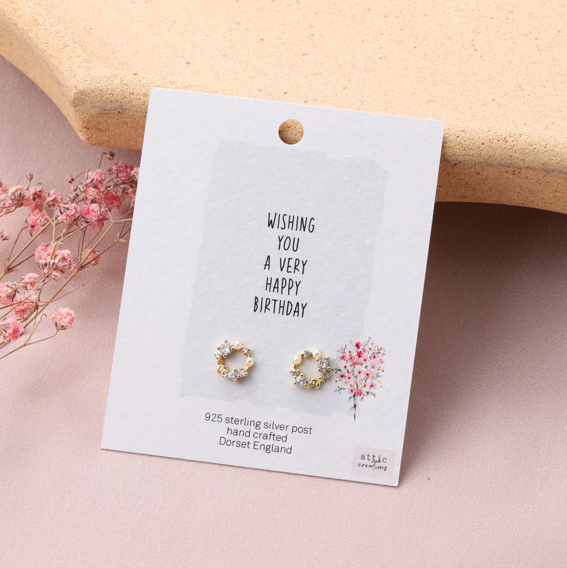 Attic Creations Card Gem And Crystal Wreath Earrings Wishing You A Very Happy Birthday