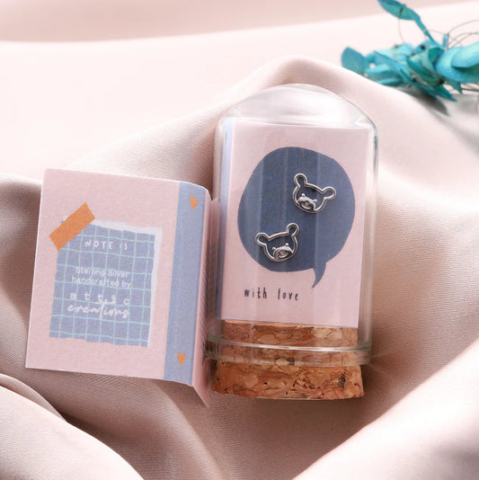 Attic Creations Little Note Bear Face Earrings Silver