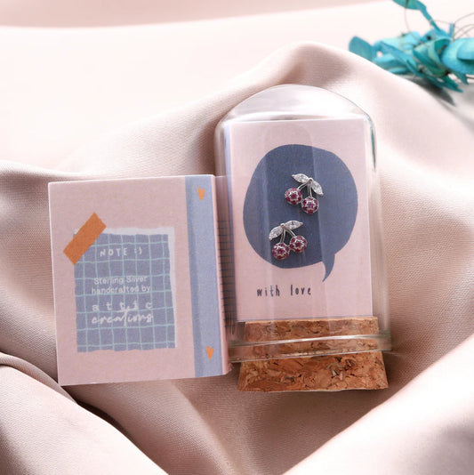 Attic Creations Little Note Crystal Cherry Earrings Silver