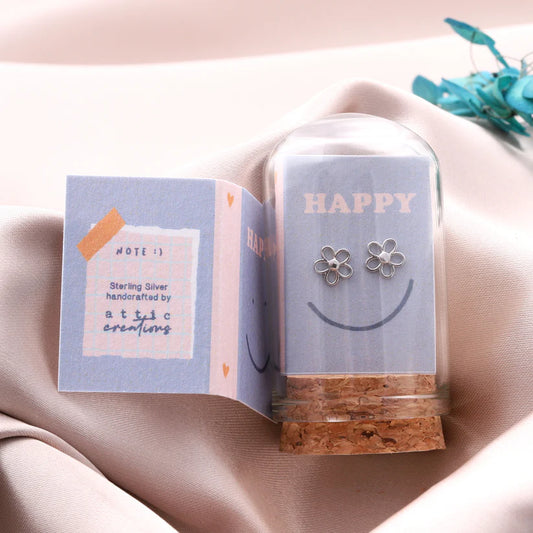 Attic Creations Little Note Happy Cutout Flower Earrings Silver