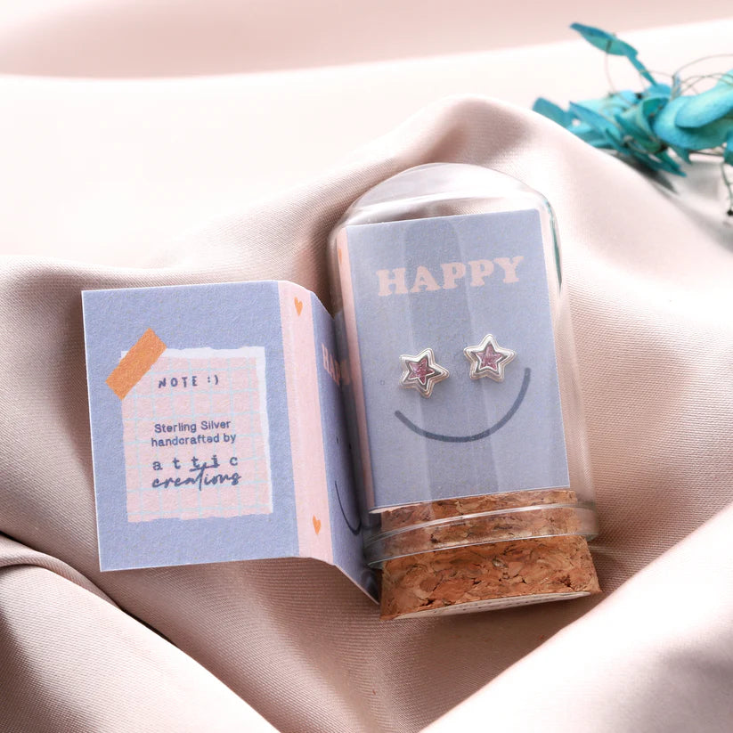 Attic Creations Little Note Happy Pink Gem Star Earrings