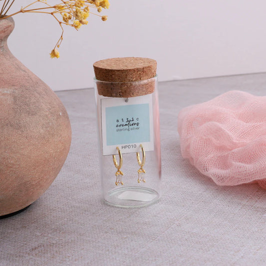 Attic Creations Rectangular Gemstones Hoop Earrings Gold And White