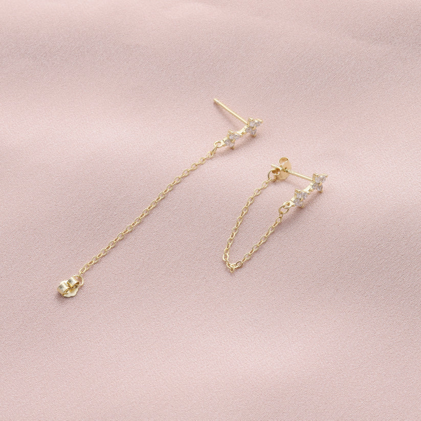 Attic Creations Twin Star Gemstone With Chain Detail Stud Earrings Gold