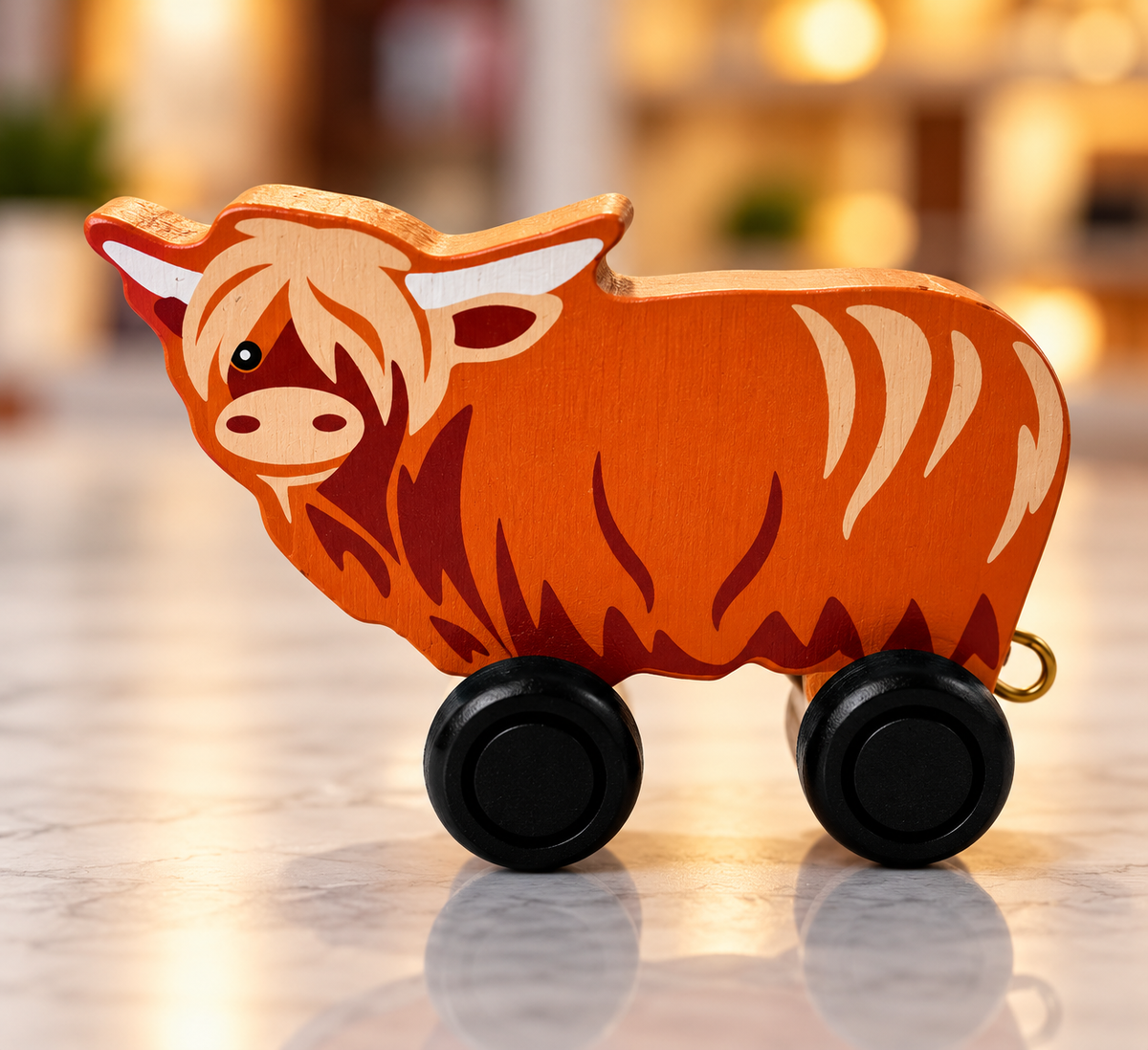 Ryan Town Highland Cow-Black Wheel, Coloured Wooden Train