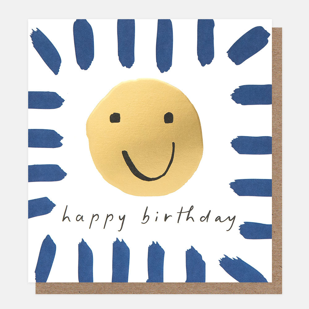 Caroline Gardner Happy Birthday Gold Smiley With Blue Border Greeting Card