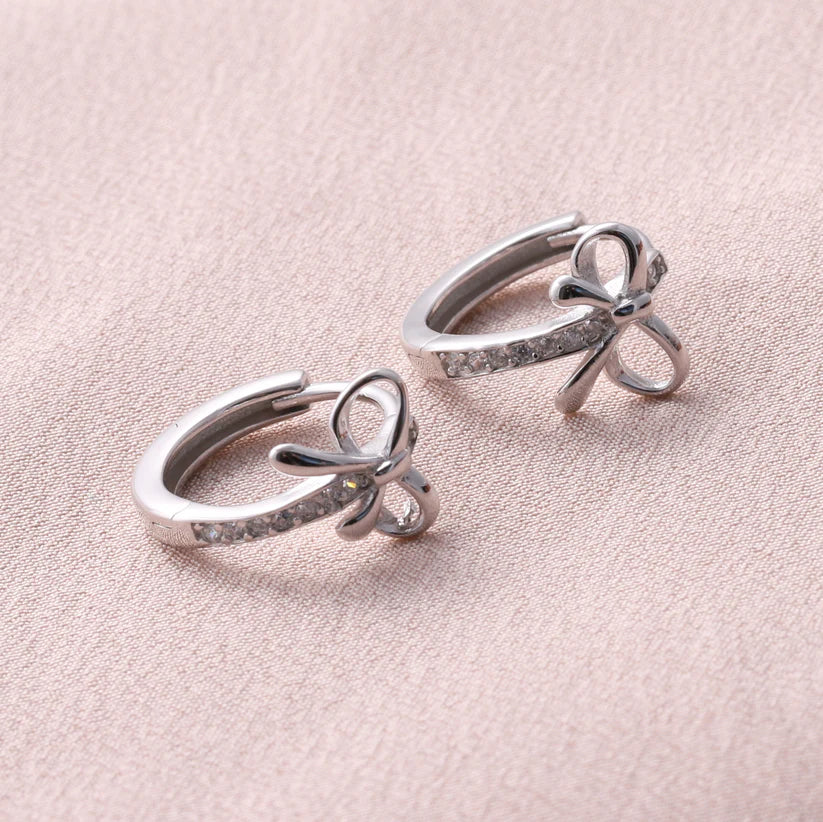 Bow With Crystal Hoop Earrings Silver