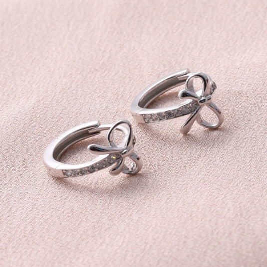 Bow With Crystal Hoop Earrings Silver