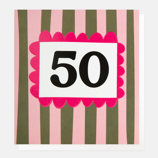 Caroline Gardner 50 Birthday Pink/Khaki Stripe Greeting Card
