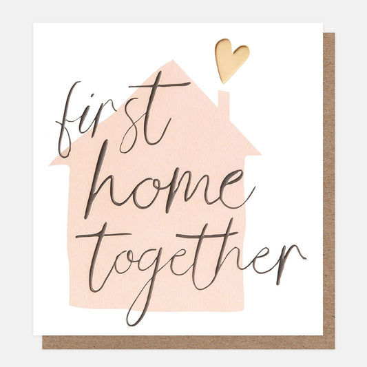 Caroline Gardner First Home Together Pink House W/ Gold Heart Chimney Greeting Card