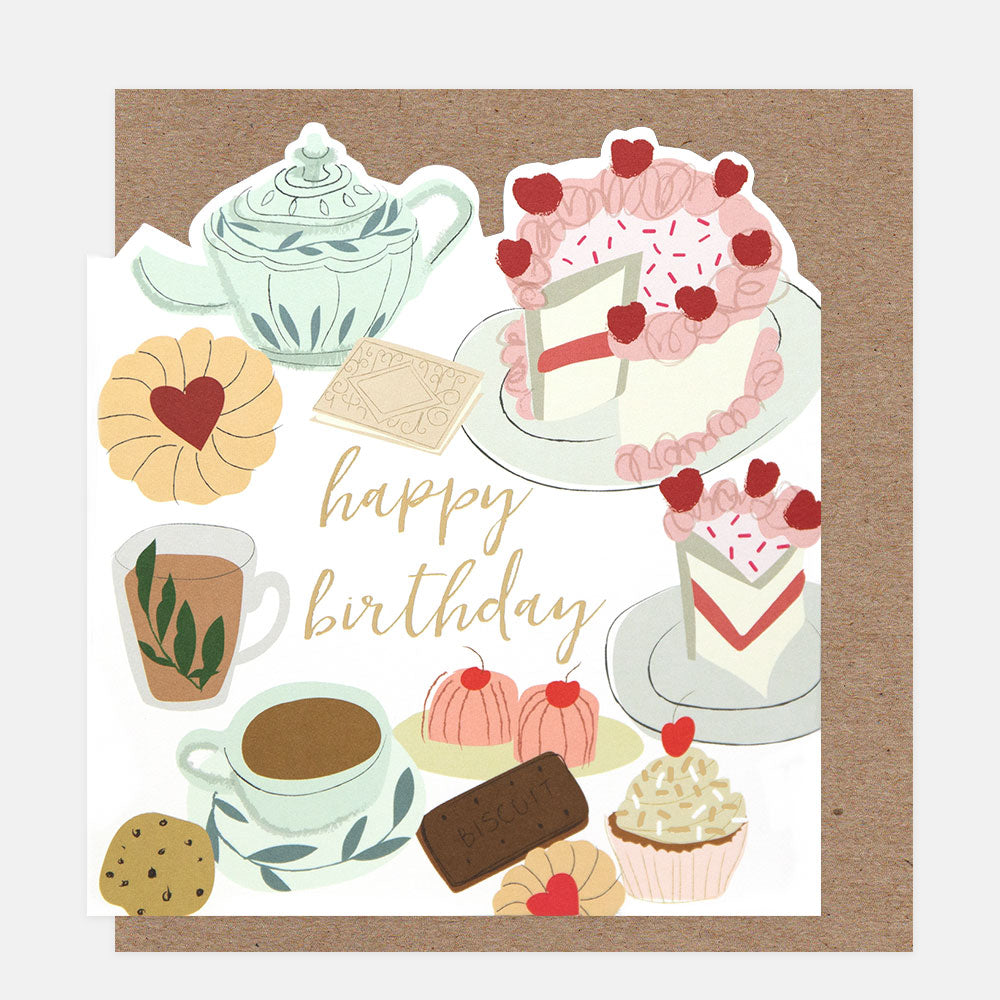 Caroline Gardner Happy Birthday Afternoon Tea Cakes & Biscuits Die Cut Greeting Card