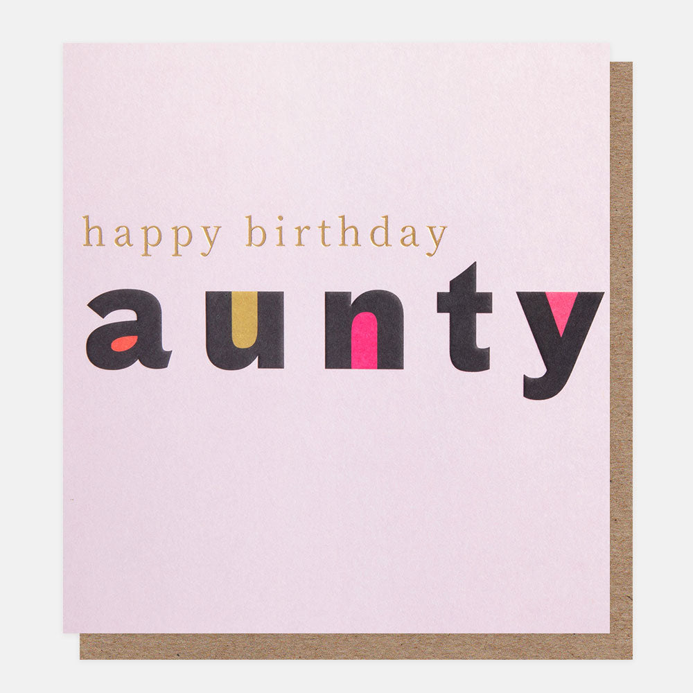 Caroline Gardner Happy Birthday Aunty Coloured Text On Lilac Background Greeting Card