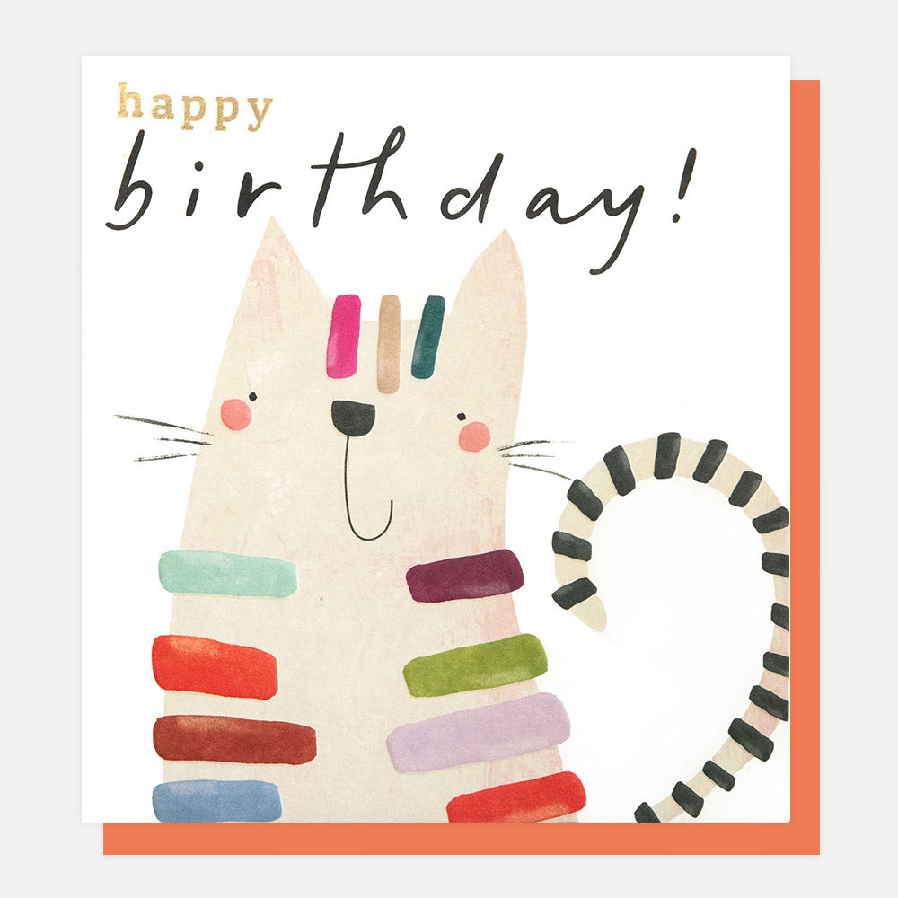 Caroline Gardner Happy Birthday Cat With Multi Stripes Greeting Card