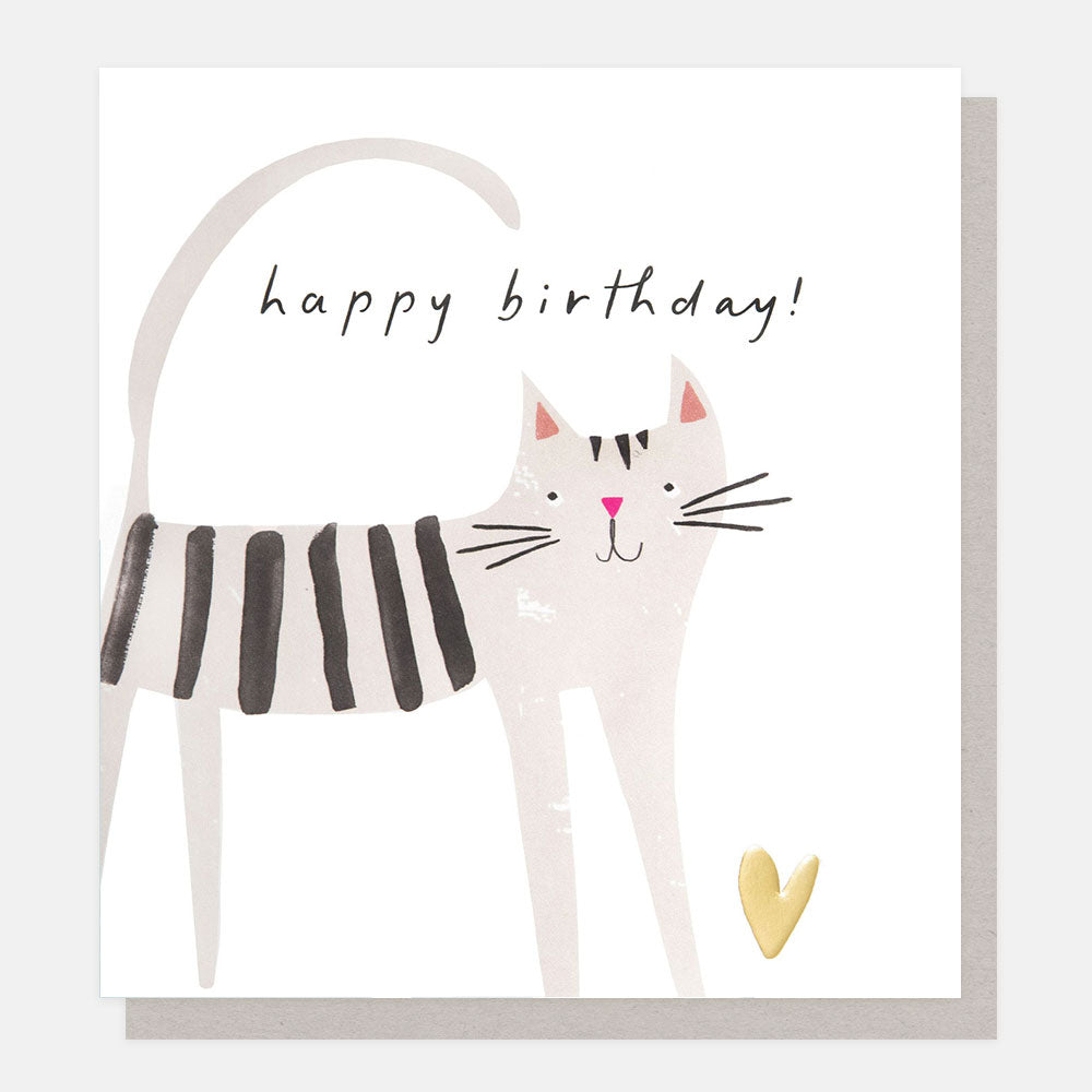 Caroline Gardner Happy Birthday! Grey Stripey Cat With Heart Greeting Card