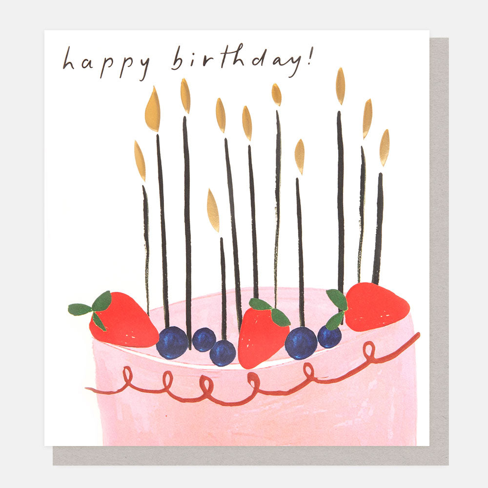 Caroline Gardner Happy Birthday! Pink Cake With Berries & Candles Greeting Card