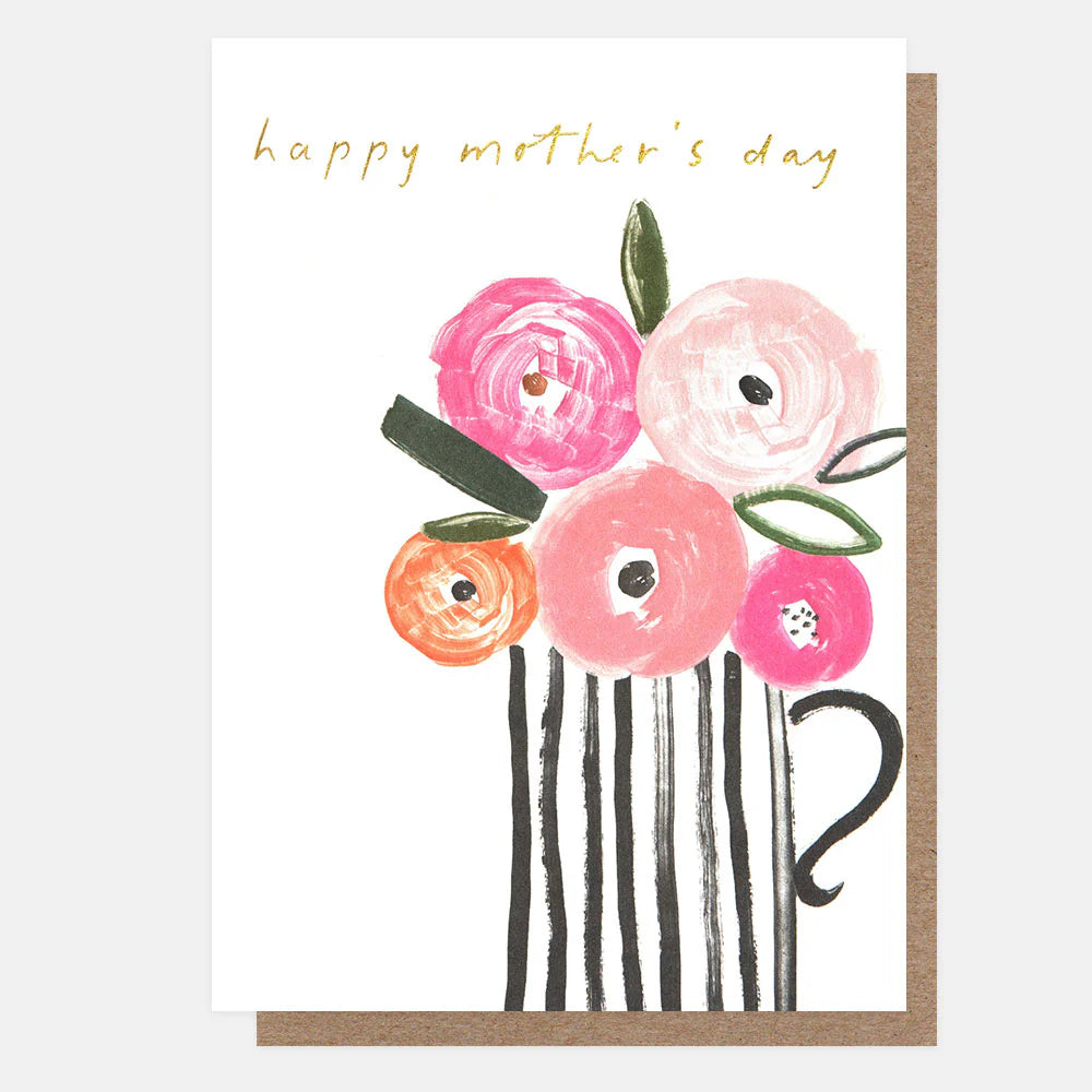 Caroline Gardner Happy Mother's Day Black Stripey Vase With Flowers Greeting Card