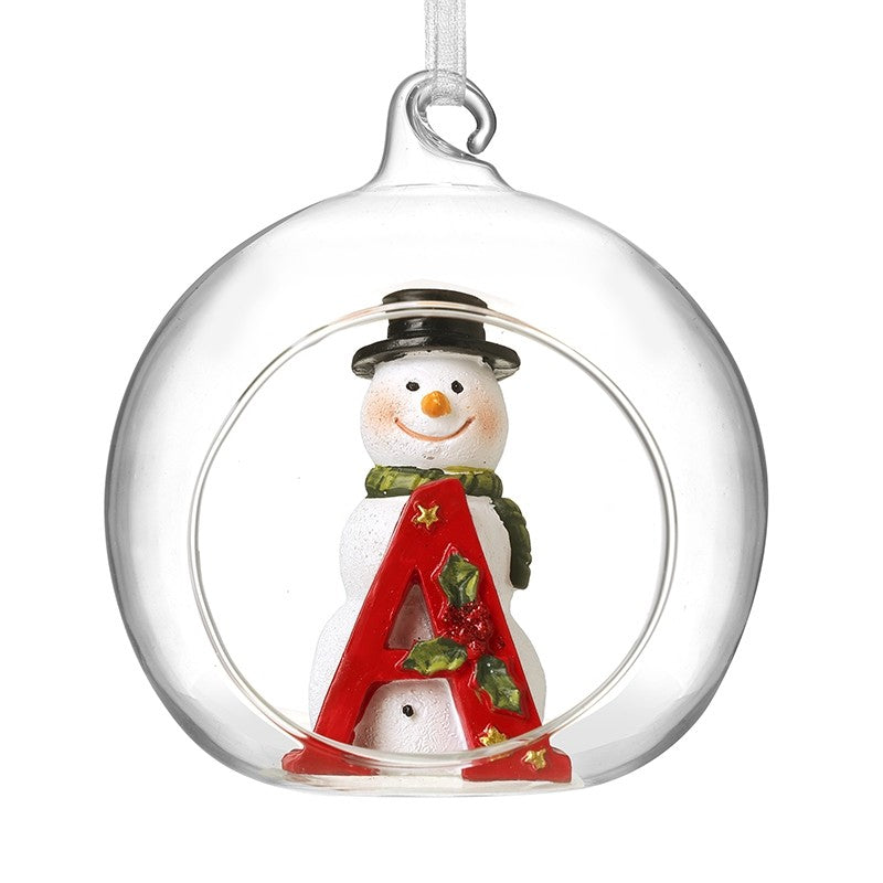 Christmas Hanging Glass Open Globe Snowman Decoration Letter A