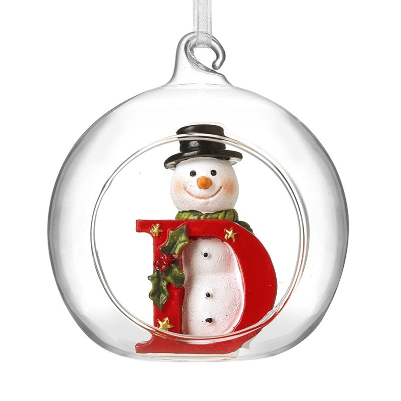 Christmas Hanging Glass Open Globe Snowman Decoration Letter D