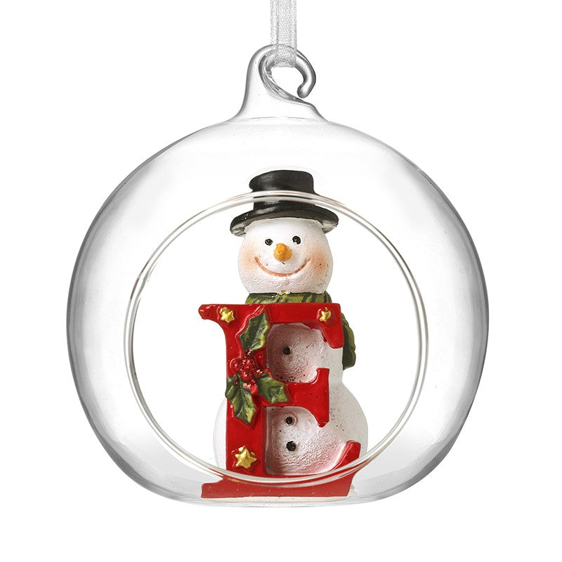 Christmas Hanging Glass Open Globe Snowman Decoration Letter E