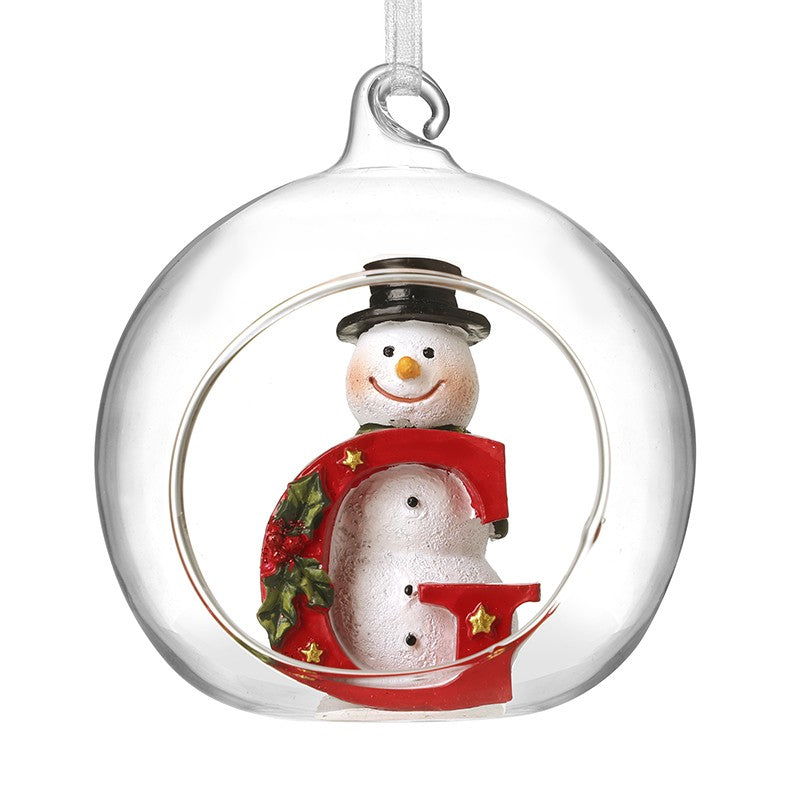 Christmas Hanging Glass Open Globe Snowman Decoration Letter G