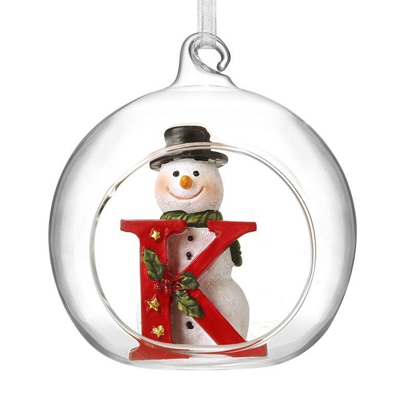 Christmas Hanging Glass Open Globe Snowman Decoration Letter K