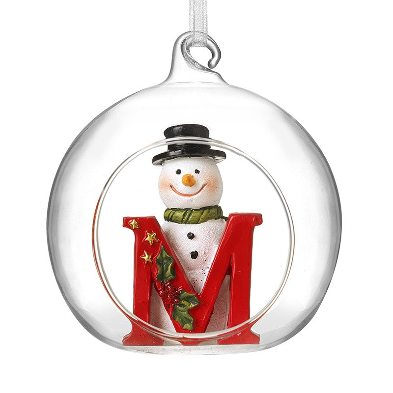 Christmas Hanging Glass Open Globe Snowman Decoration Letter M