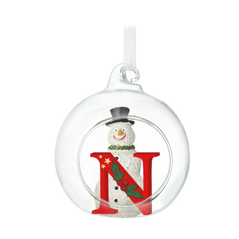 Christmas Hanging Glass Open Globe Snowman Decoration Letter N