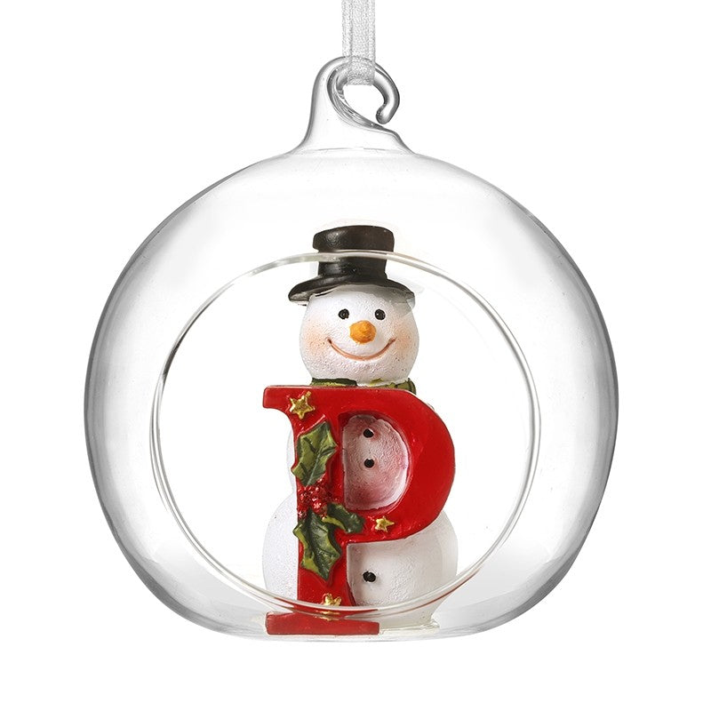 Christmas Hanging Glass Open Globe Snowman Decoration Letter P