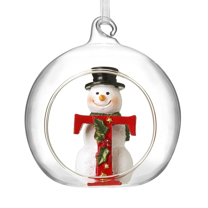 Christmas Hanging Glass Open Globe Snowman Decoration Letter T