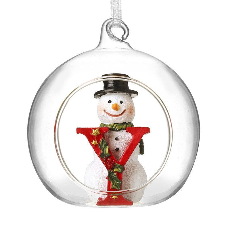 Christmas Hanging Glass Open Globe Snowman Decoration Letter Y