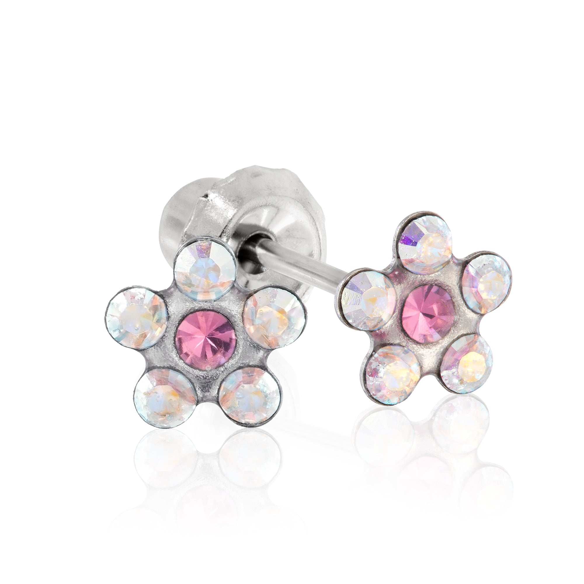 Ear Piercing AB Pink CZ Flower Pair Stainless Steel 5mm
