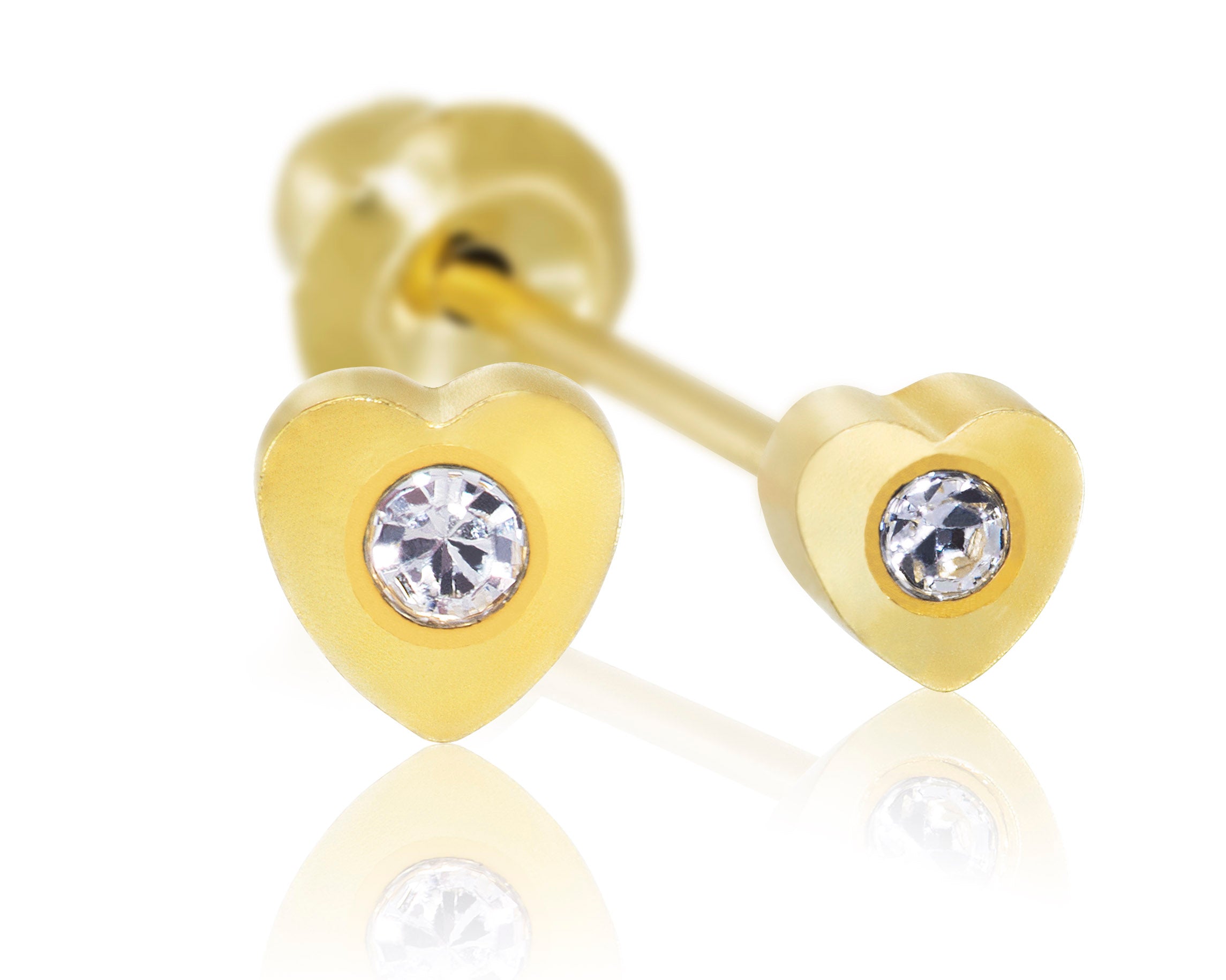 Ear Piercing CZ Crystal Heart Pair 24ct Gold Plated Stainless Steel