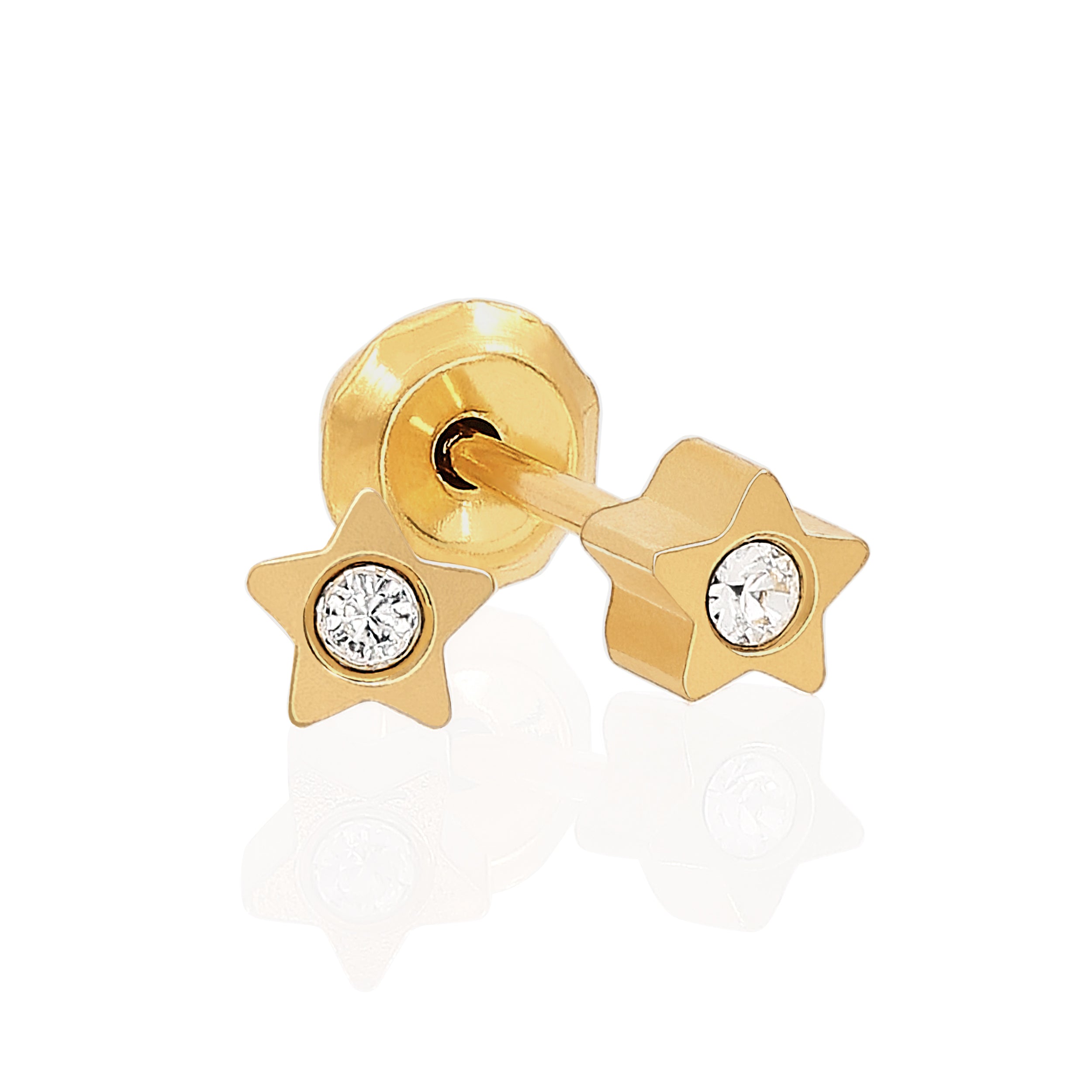 Ear Piercing CZ Crystal Star Pair 24c Gold Plated Stainless Steel