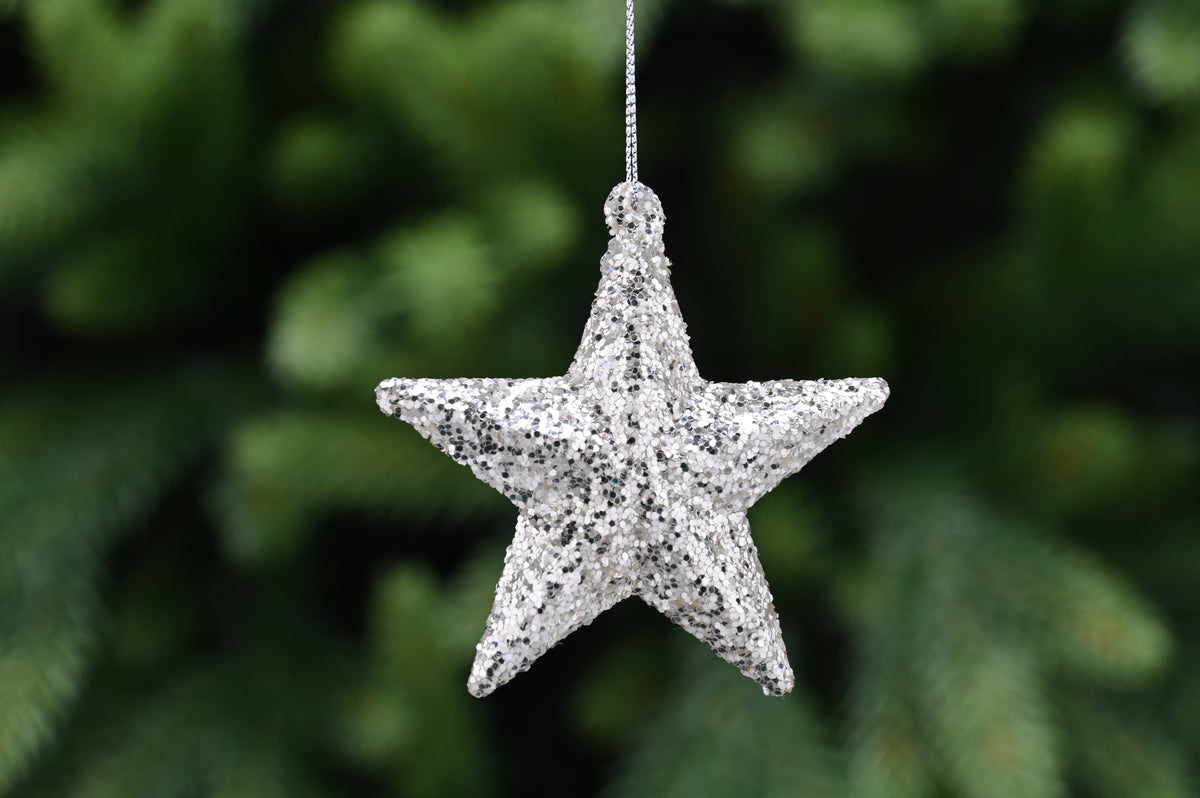 Festive Hanging Silver Glitter Glass Star
