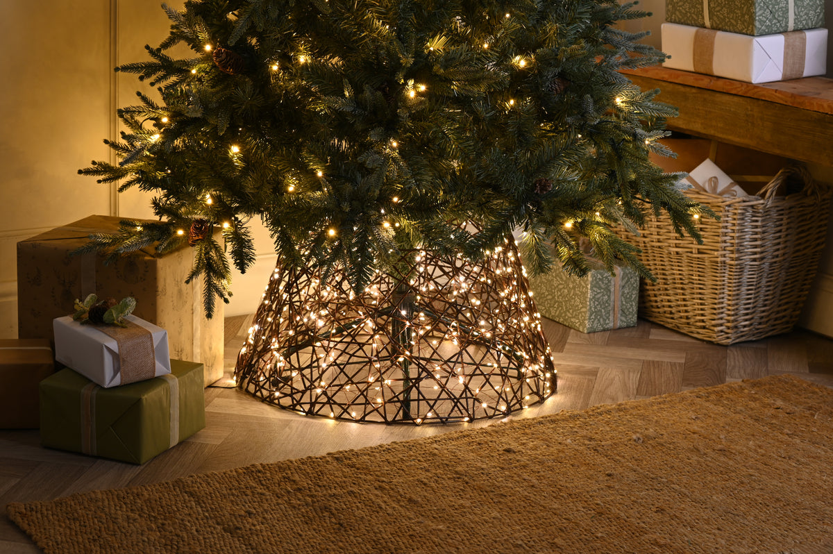 Festive Lit Brown Tree Skirt Warm White Led