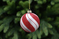 Festive Matt White Glass Ball Red Glitter Stripes