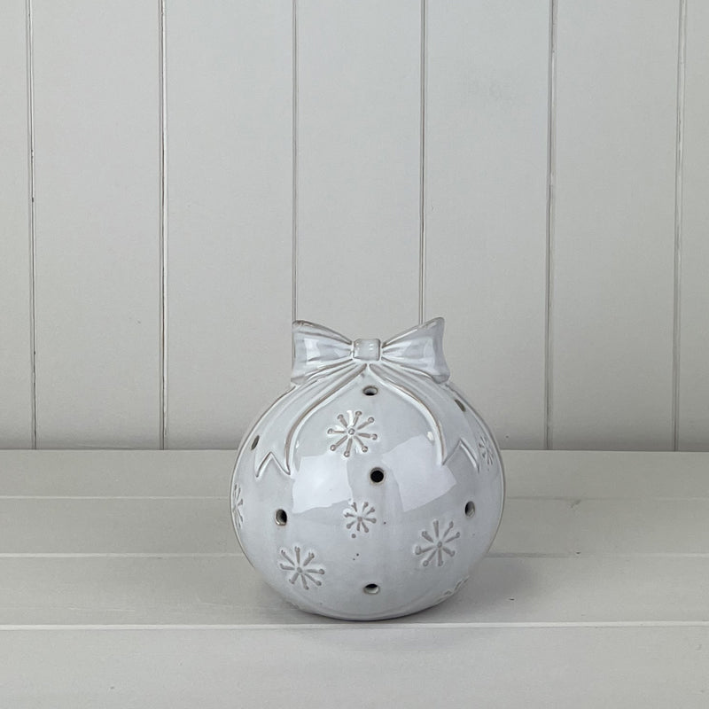 Glazed Ceramic Bauble with Bow Ornament with Textured Detail and LED Large