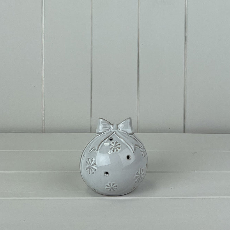 Glazed Ceramic Bauble with Bow Ornament with Textured Detail and LED Small