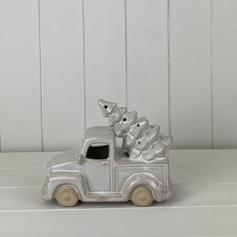 Glazed Ceramic Car Carrying Christmas Tree Ornament with Textured Detail and LED Small