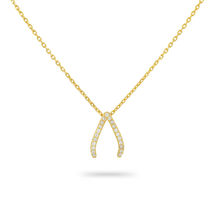 Gold Trip Sparkling Wishbone Necklace Gold Plated Sterling Silver