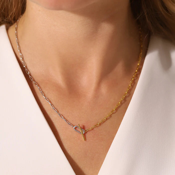 Gold Trip Two Tone Paperclip Toggle Necklace 18K Gold Plated and Rhodium Plated Sterling Silver