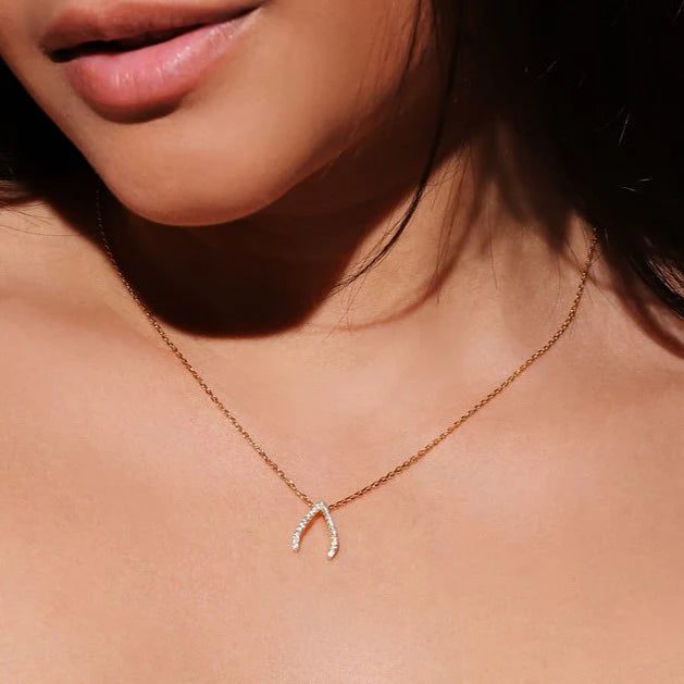 Gold Trip Sparkling Wishbone Necklace Gold Plated Sterling Silver