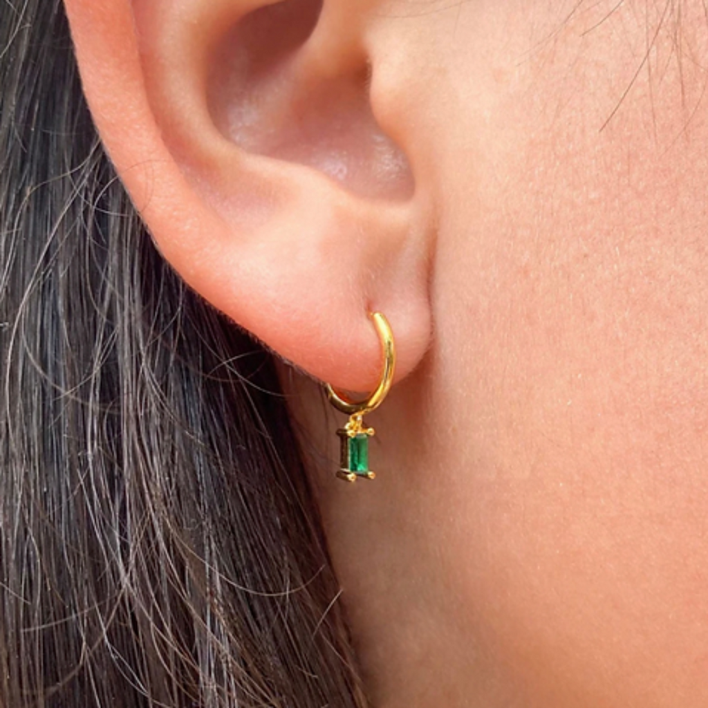 She Is Beautiful Green Glass Huggies Gold