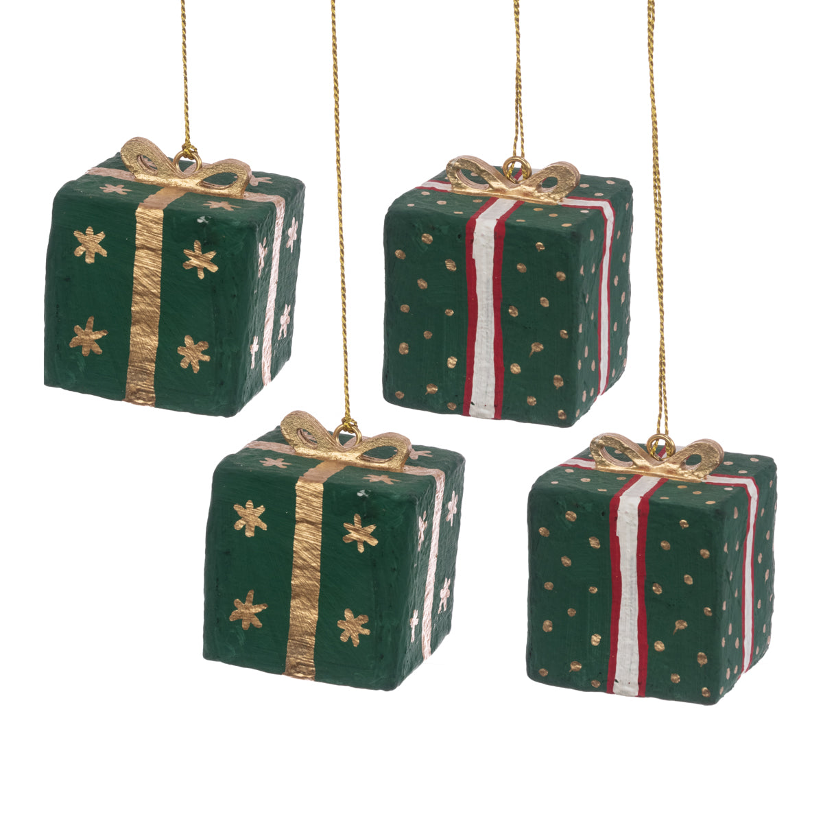 Hanging Papier Mache Christmas Present Green Set of 4