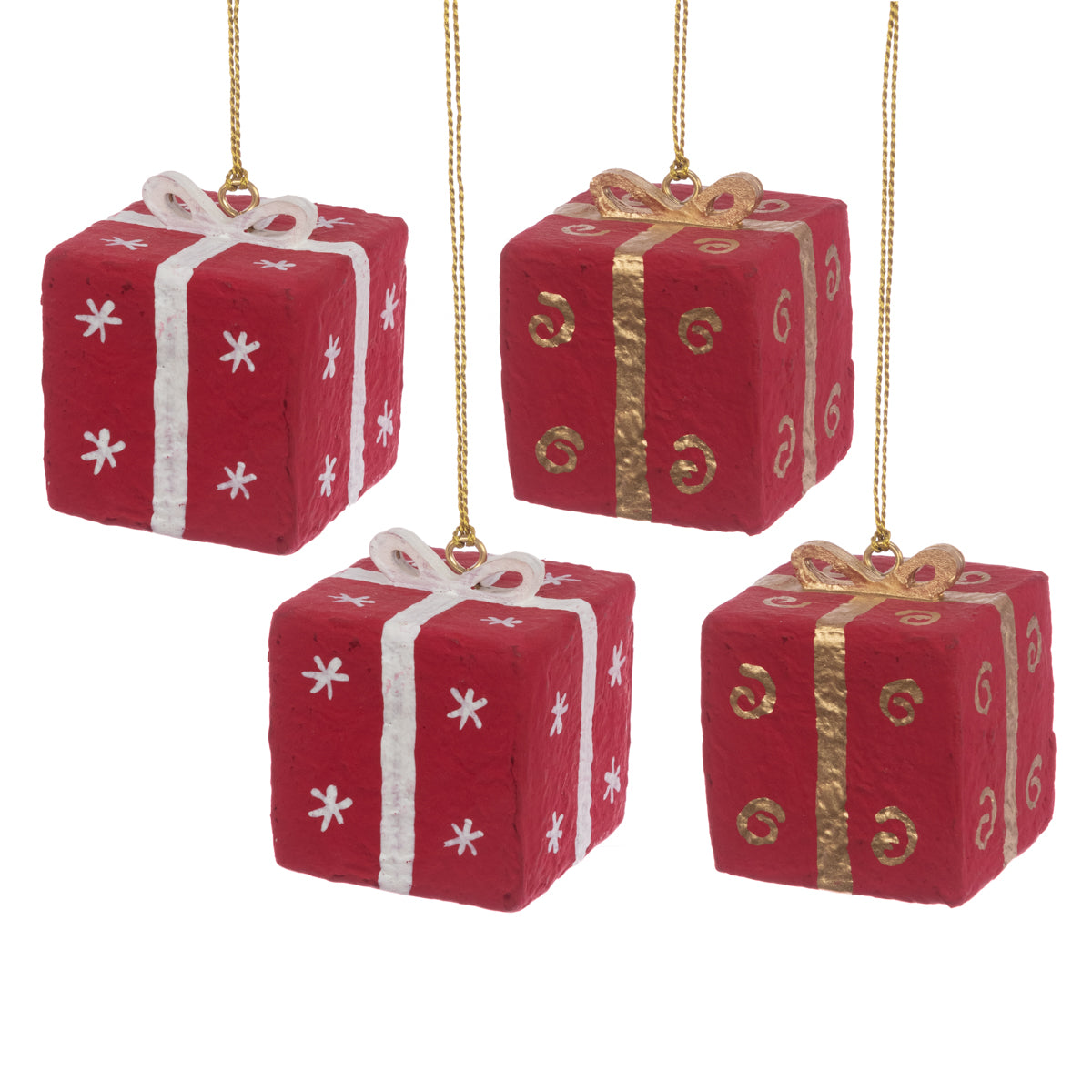 Hanging Papier Mache Christmas Present Red Set of 4