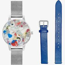 Olivia Burton Pop Art Electric Blue & Silver Mesh Strap Set