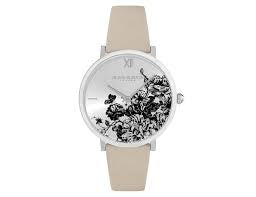 Olivia Burton Signature 35mm Floral Blooms Ultra Slim Silver & Antique Pearl Leather Strap Watch