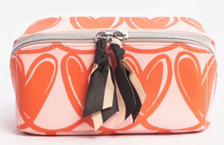 Caroline Gardner Pink & Orange Lopped Hearts Flat Lay Cosmetic Bag