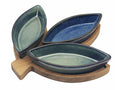 Elements Reactive Glaze Leaf Set of Three Snack Dishes & Wooden Tray Set