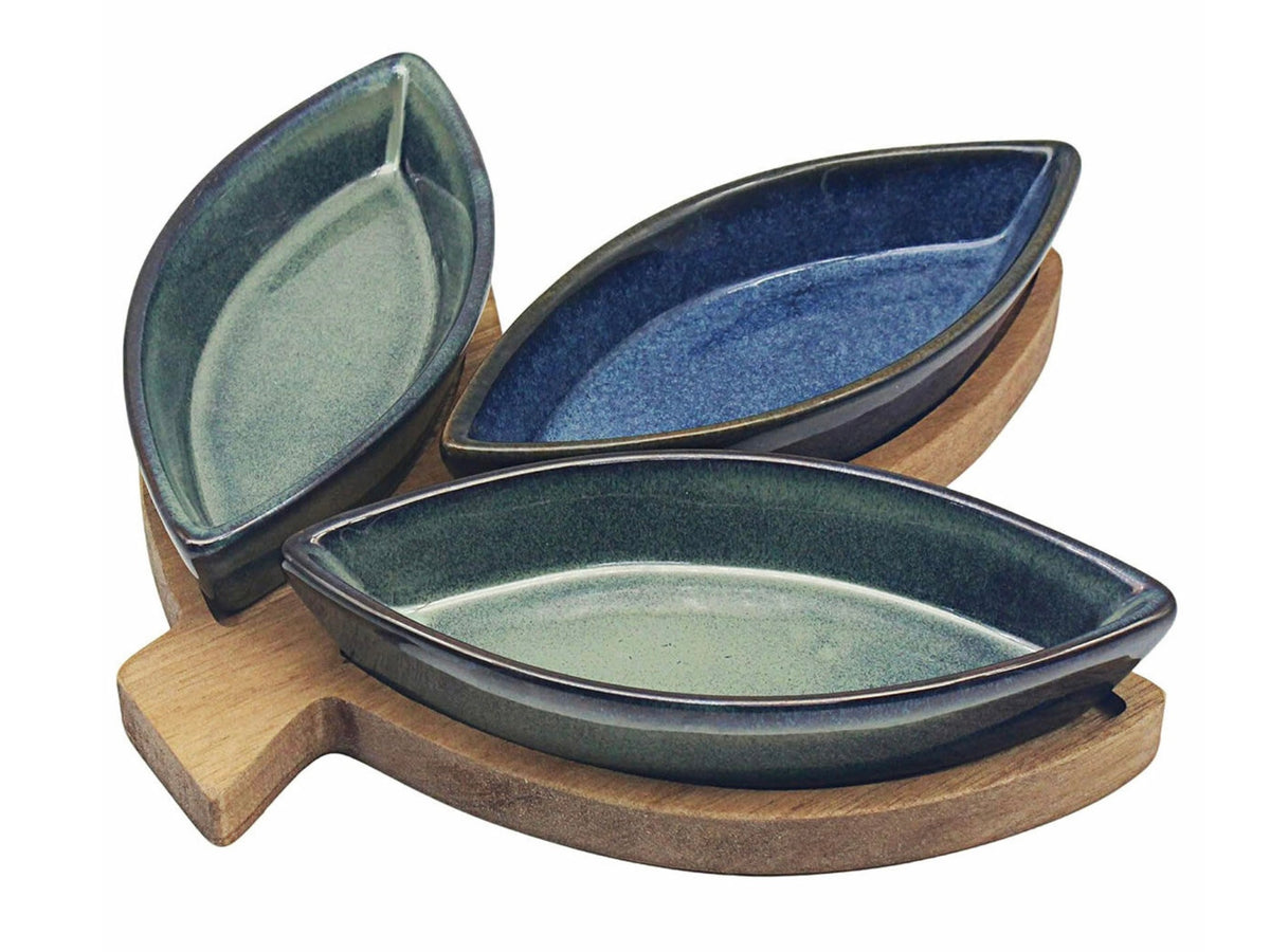 Elements Reactive Glaze Leaf Set of Three Snack Dishes & Wooden Tray Set