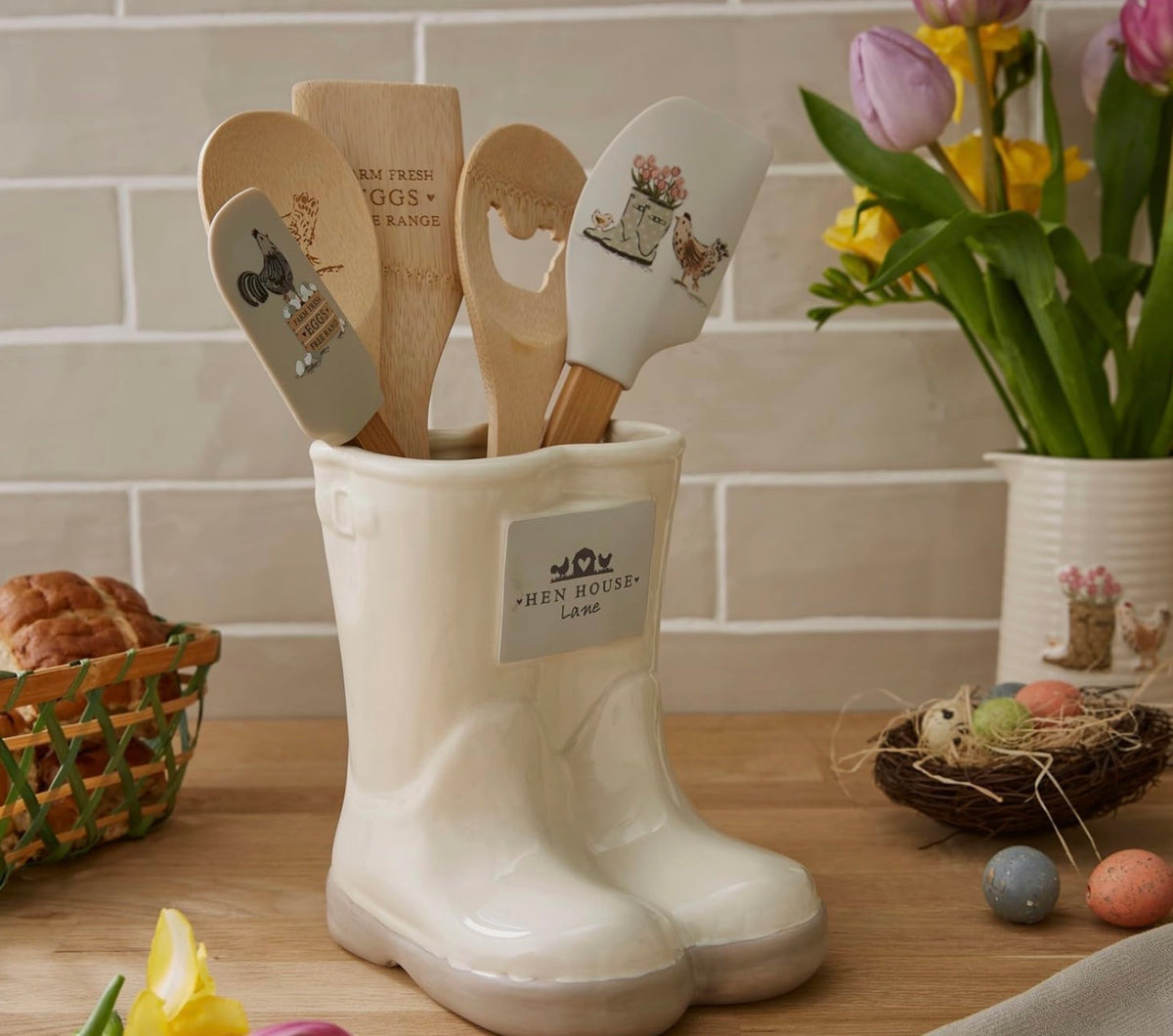 Cooksmart Hen House Lane Ceramic Utensil Pot/Vase Wellies